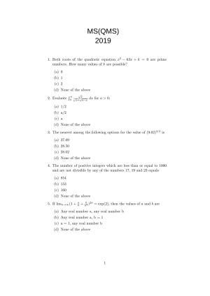 ISI Admission Test M.S.(QMS) QMA 2019 Sample Paper