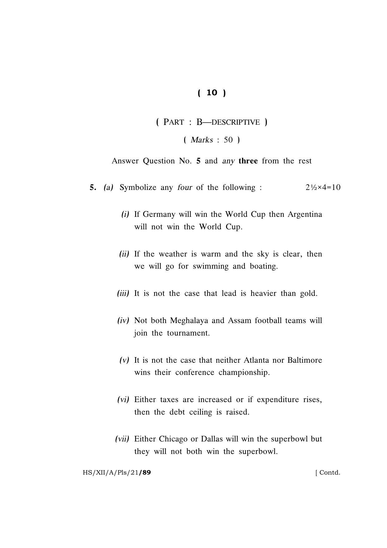 Meghalaya Board (MBOSE) Class 12 PHILOSOPHY  (HS-XII-A-Pls-21) 2021 Question Paper - Page 10
