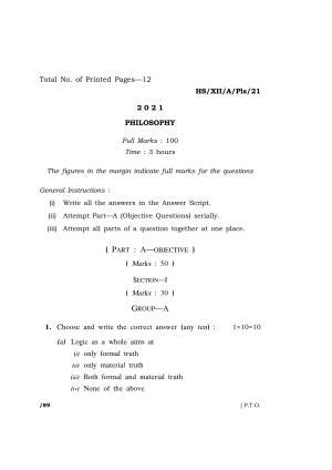 Meghalaya Board (MBOSE) Class 12 PHILOSOPHY  (HS-XII-A-Pls-21) 2021 Question Paper