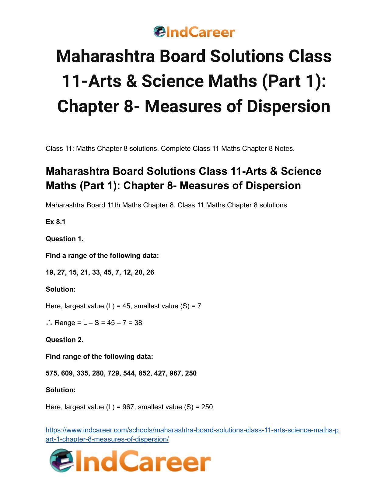 Maharashtra Board Solutions Class 11-Arts & Science Maths (Part 1): Chapter 8- Measures of Dispersion - Page 2