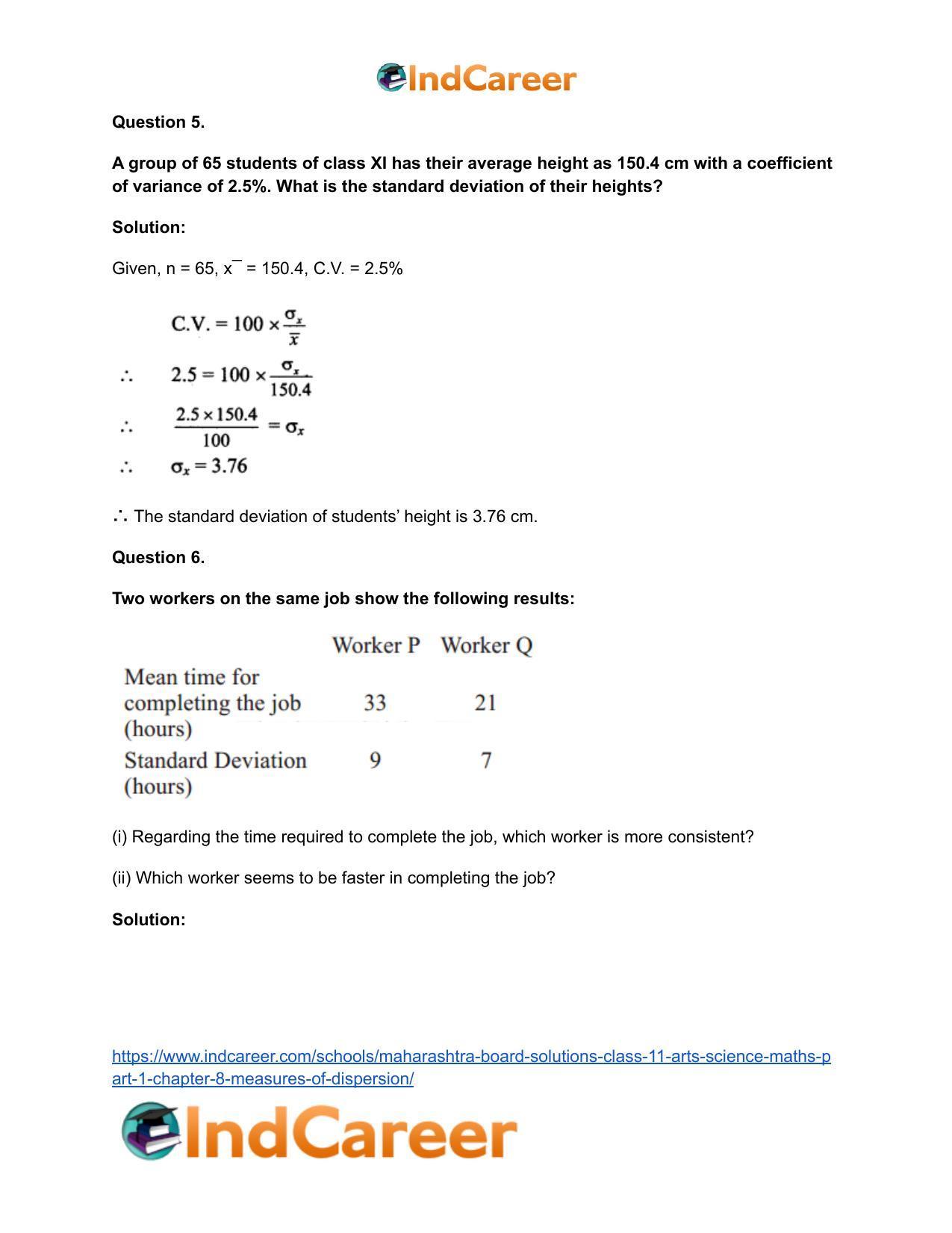 Maharashtra Board Solutions Class 11-Arts & Science Maths (Part 1): Chapter 8- Measures of Dispersion - Page 18