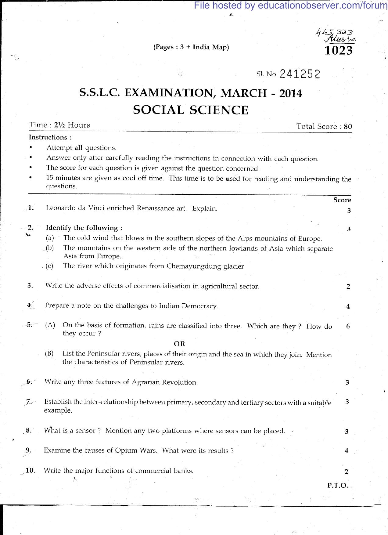 Kerala SSLC 2014 Social Science Question Paper - Page 1
