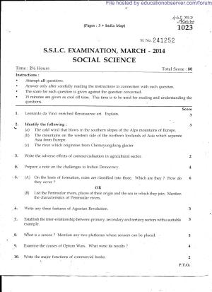 Kerala SSLC 2014 Social Science Question Paper
