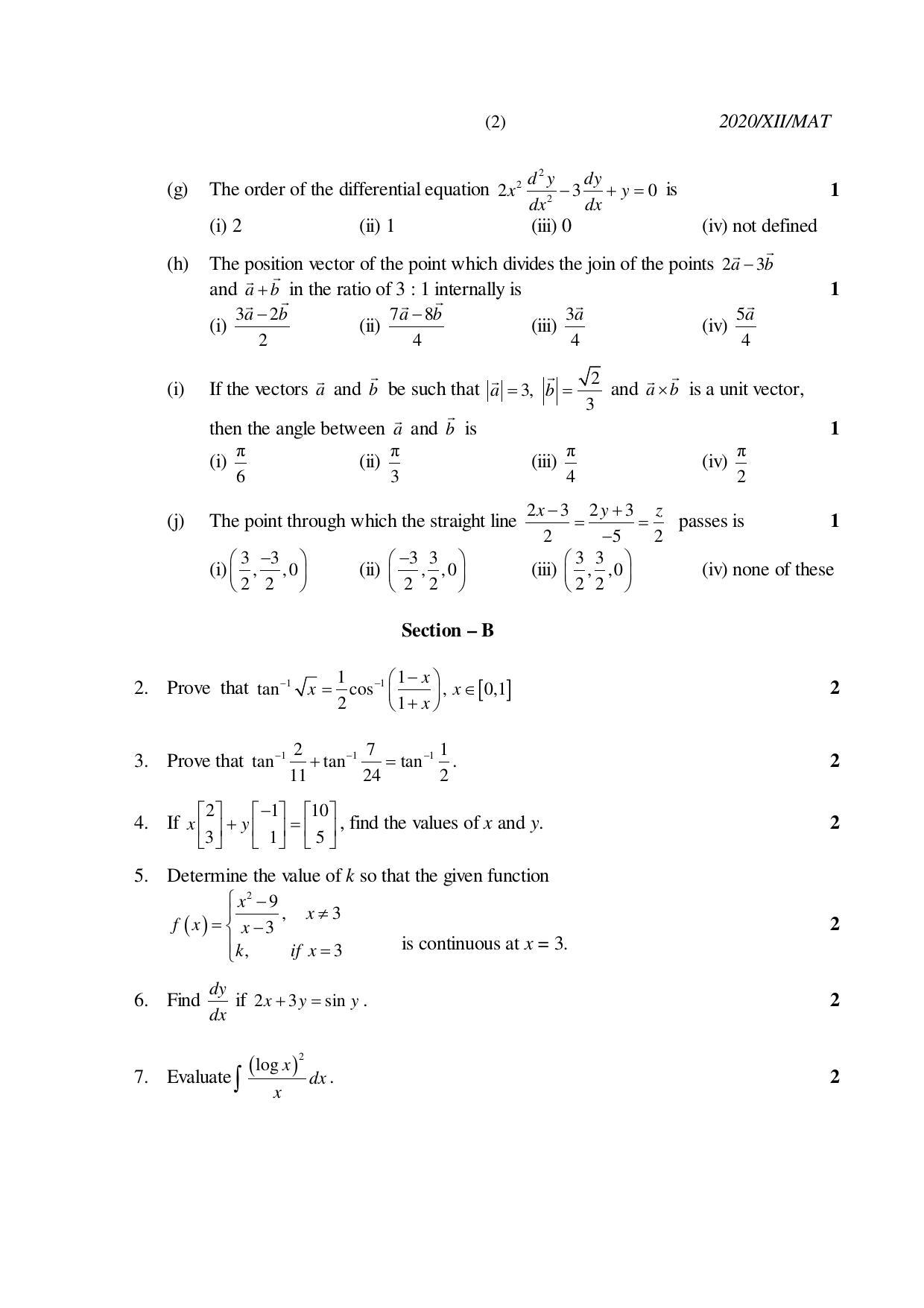 Nagaland Board Class 12 MATHEMATICS 2020 Question Papers - Page 2