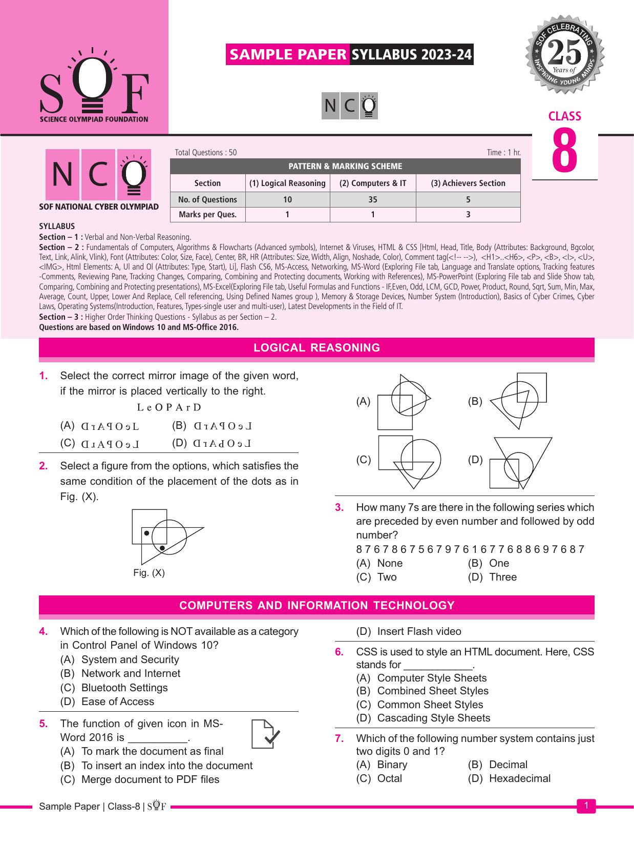 SOF NCO 2024 Class 8 Sample Paper - Page 1