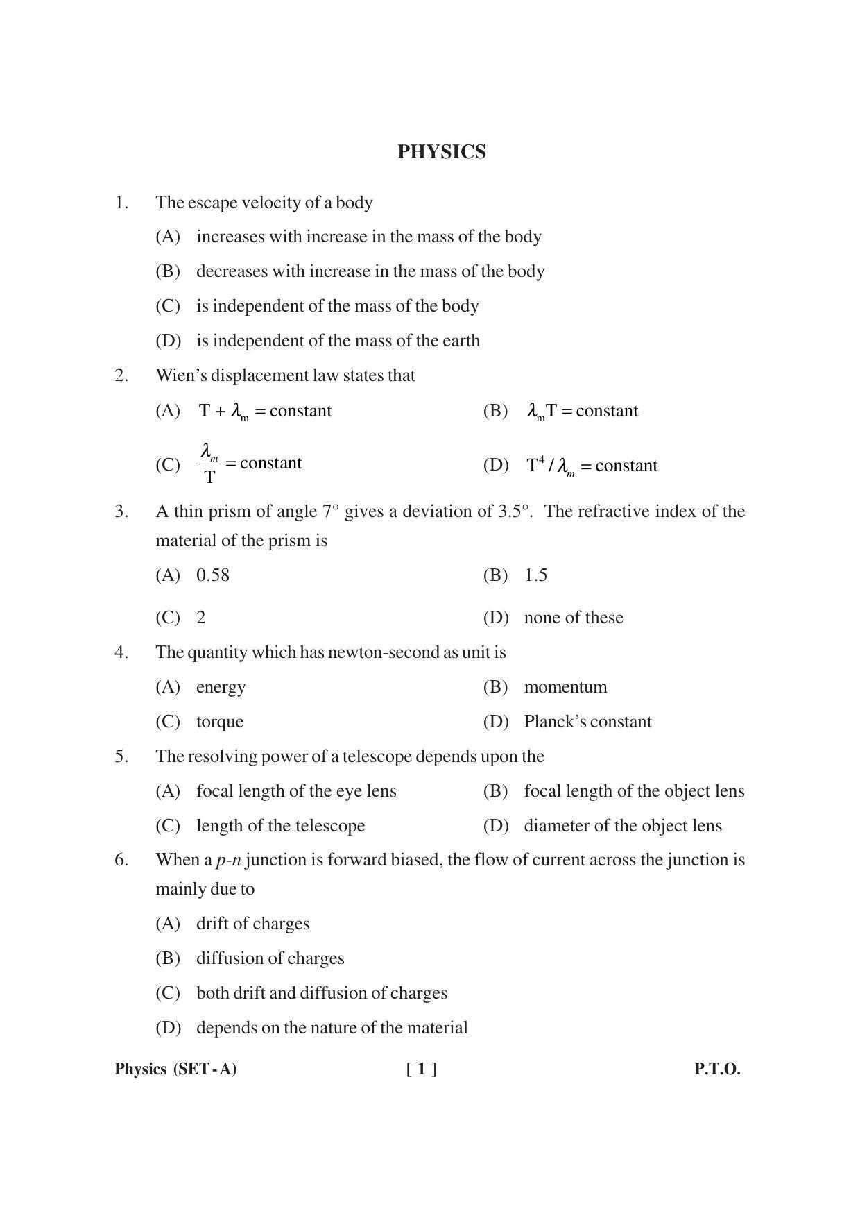 MBSE HSSLC Physics Sample Paper - Page 1