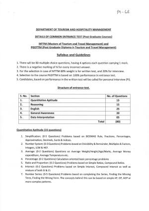 JMI Entrance Exam M68-Master of Tourism and travel Management (MTTM)/P.G Diploma in Tourism & Travel Management(Self-financed) Syllabus