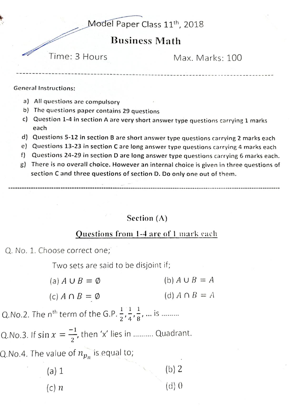 JKBOSE Class 11 Business Math Model Question Paper - Page 1