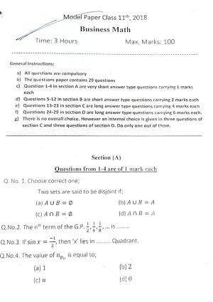 JKBOSE Class 11 Business Math Model Question Paper