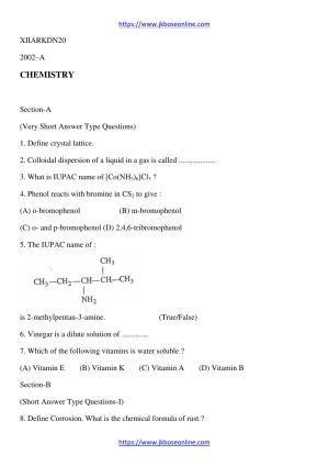 JKBOSE Class 12 Chemistry 2002-A Question Papers 2020