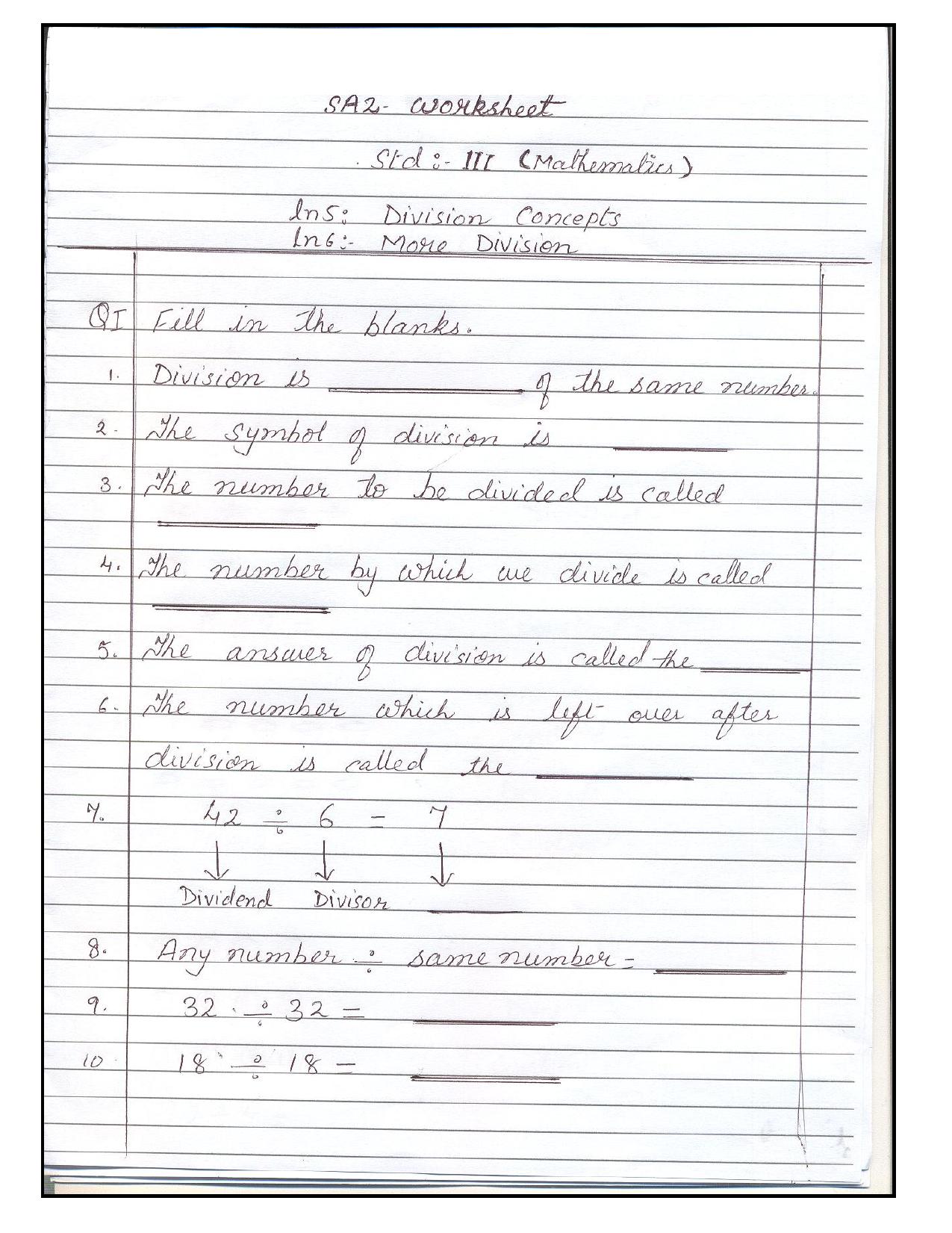 Worksheet for Class 3 Mathematics Division Concepts Assignment 1 - Page 1