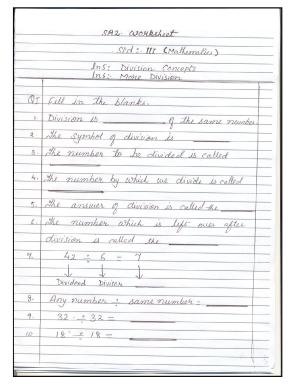 Worksheet for Class 3 Mathematics Division Concepts Assignment 1
