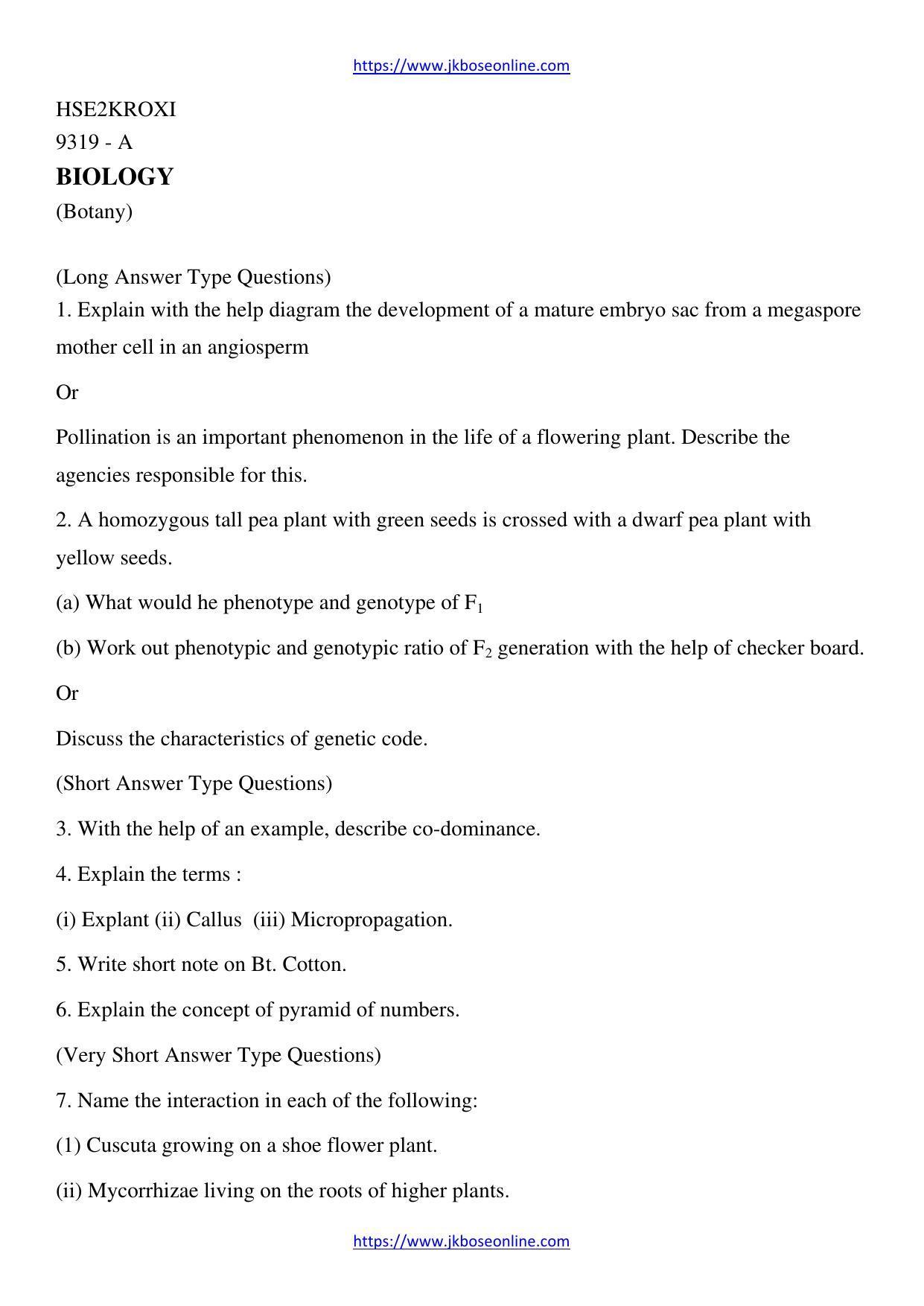JKBOSE Class 12 Biology-Botany Question Papers 2011 (9319-A) - Page 1
