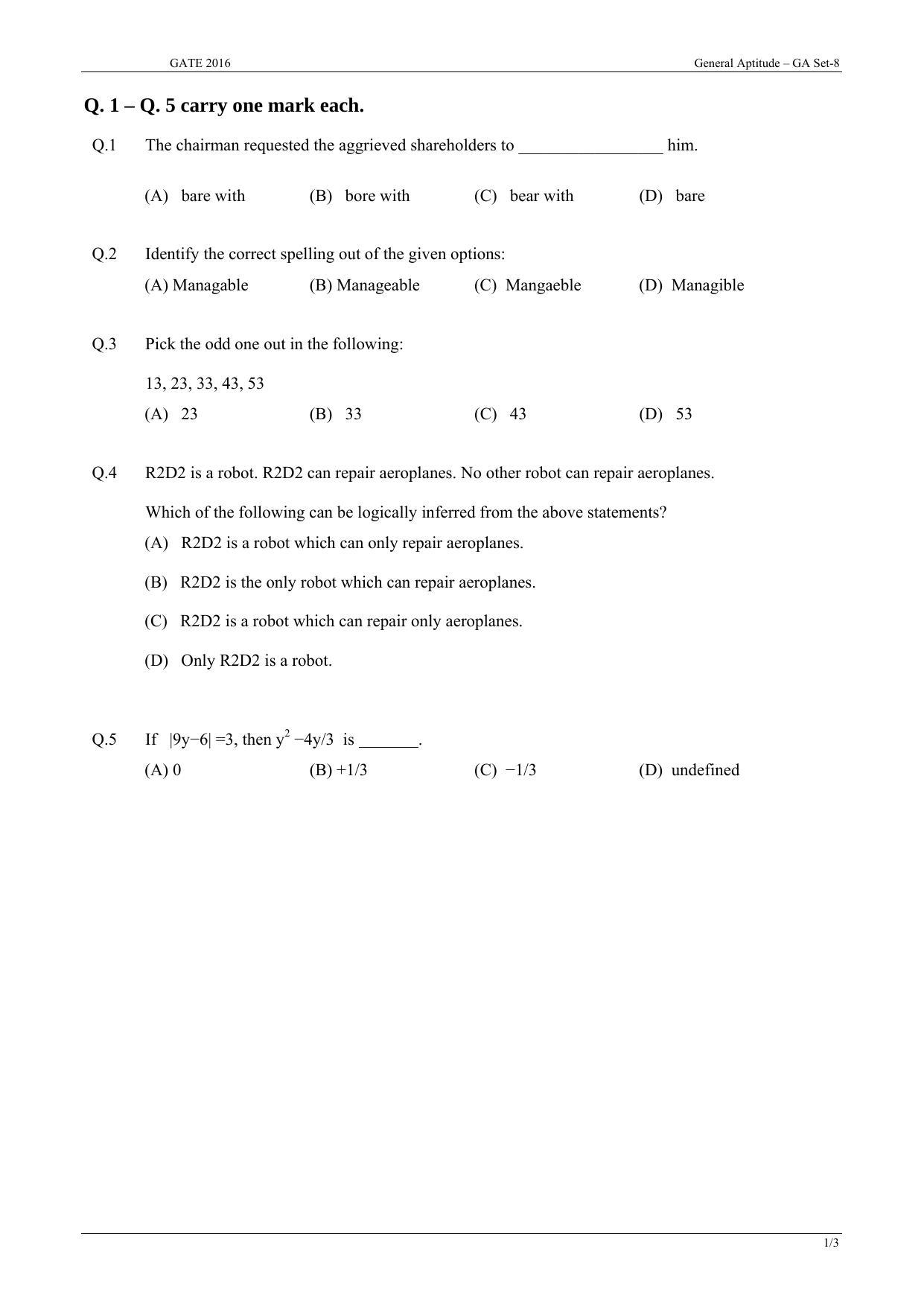 GATE 2016 Textile Engineering and Fibre Science (TF) Question Paper with Answer Key - Page 1
