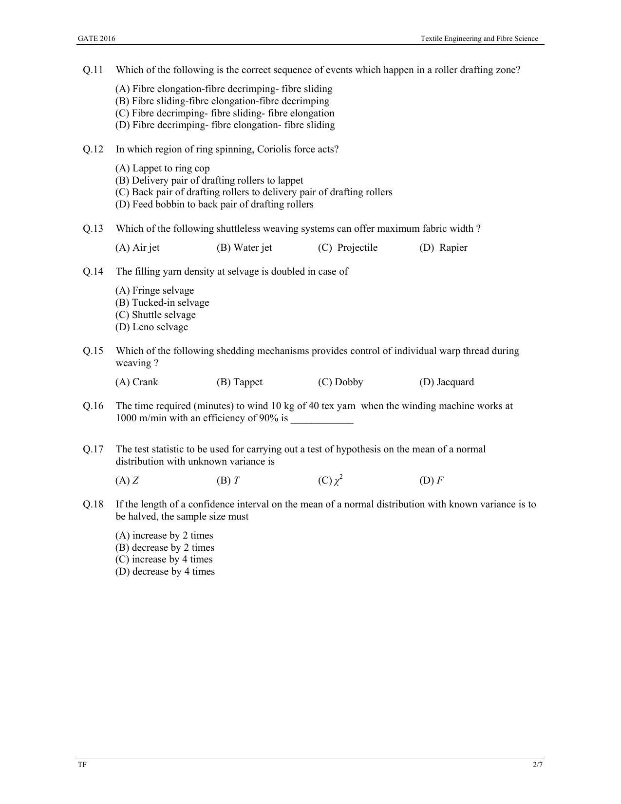 GATE 2016 Textile Engineering and Fibre Science (TF) Question Paper with Answer Key - Page 5