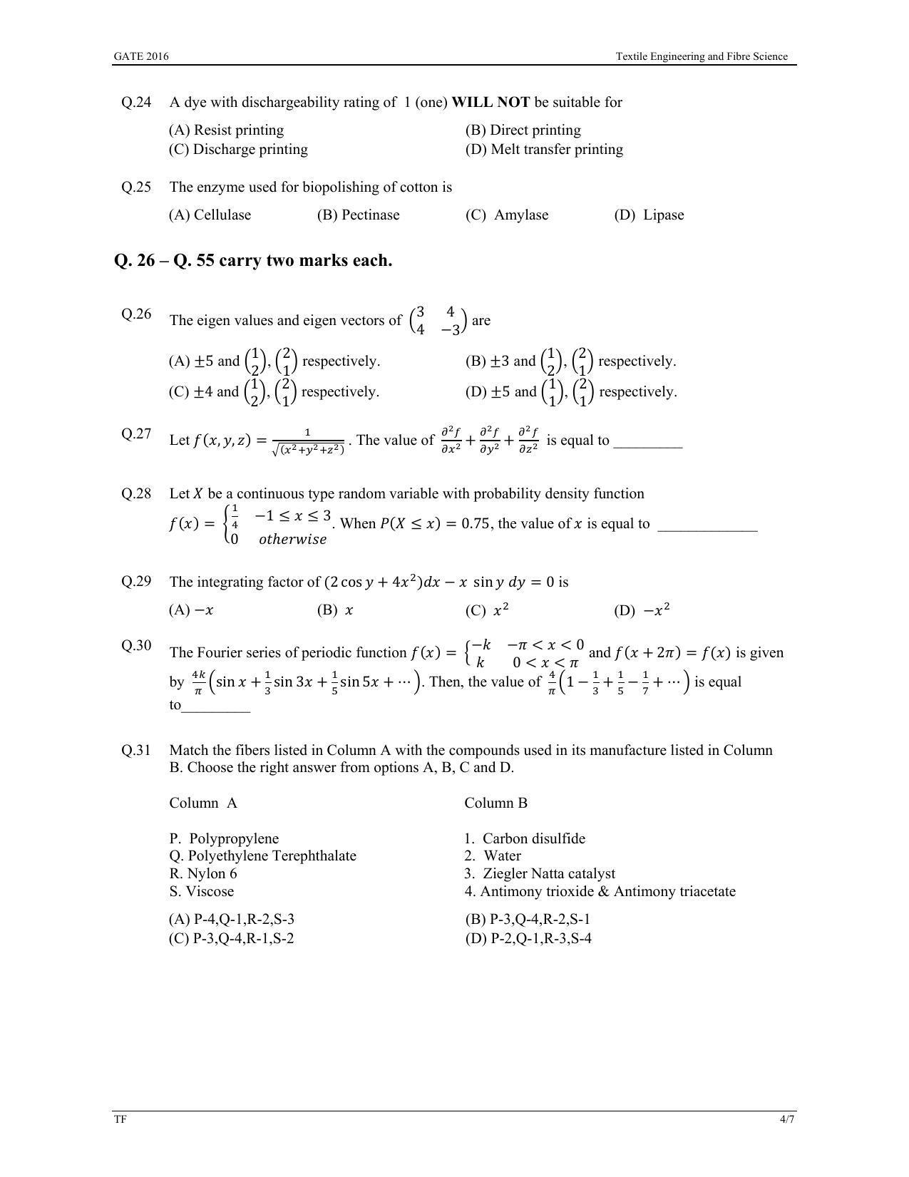 GATE 2016 Textile Engineering and Fibre Science (TF) Question Paper with Answer Key - Page 7
