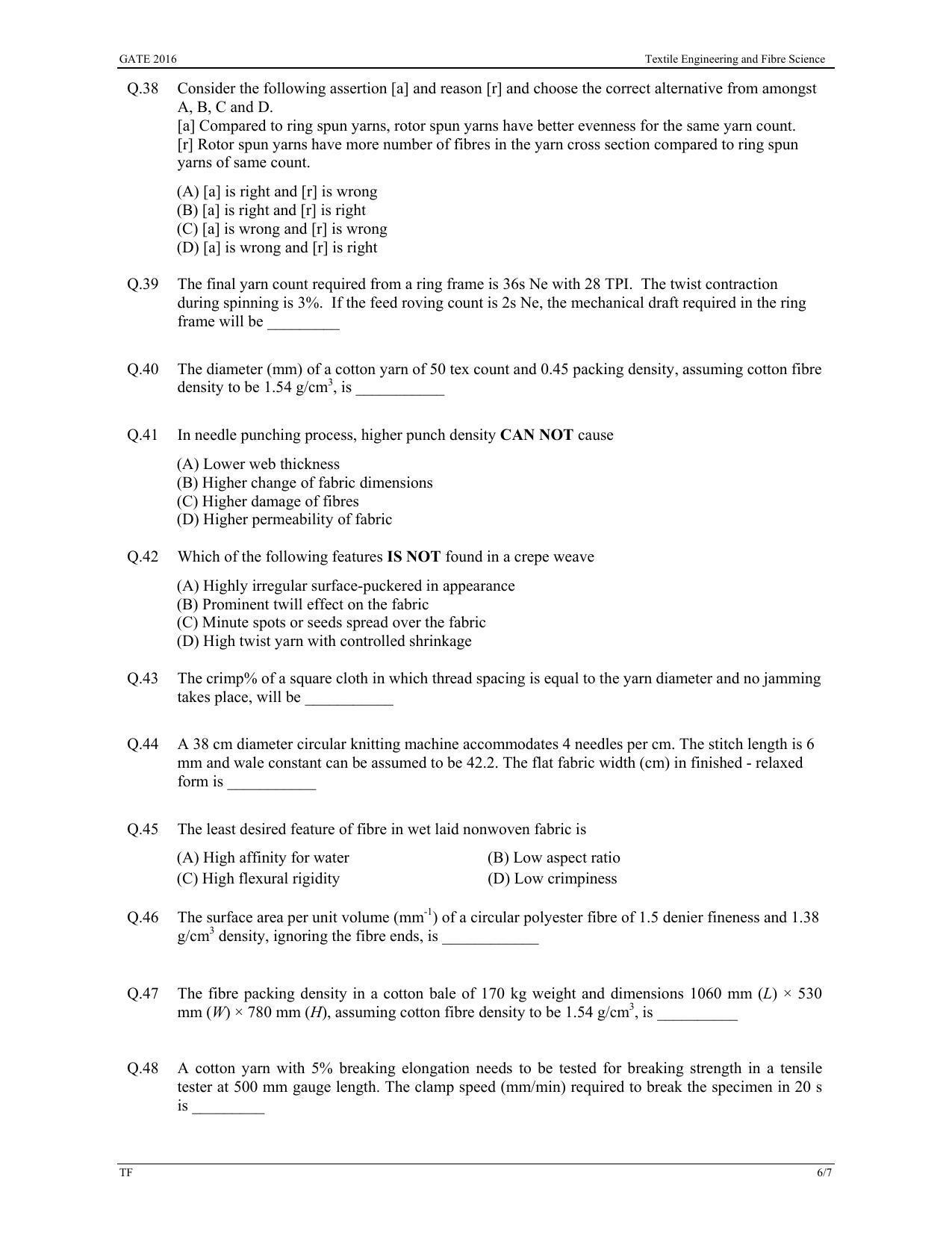 GATE 2016 Textile Engineering and Fibre Science (TF) Question Paper with Answer Key - Page 9