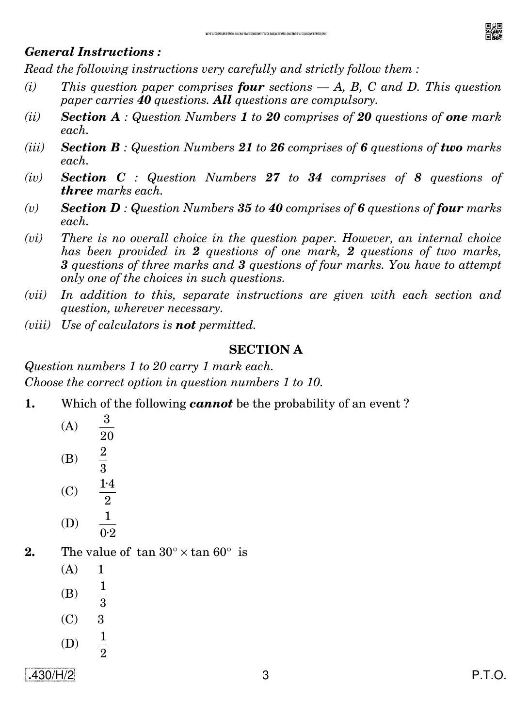 CBSE Class 10 430-C-2 - Maths (Basic) 2020 Compartment Question Paper - Page 3