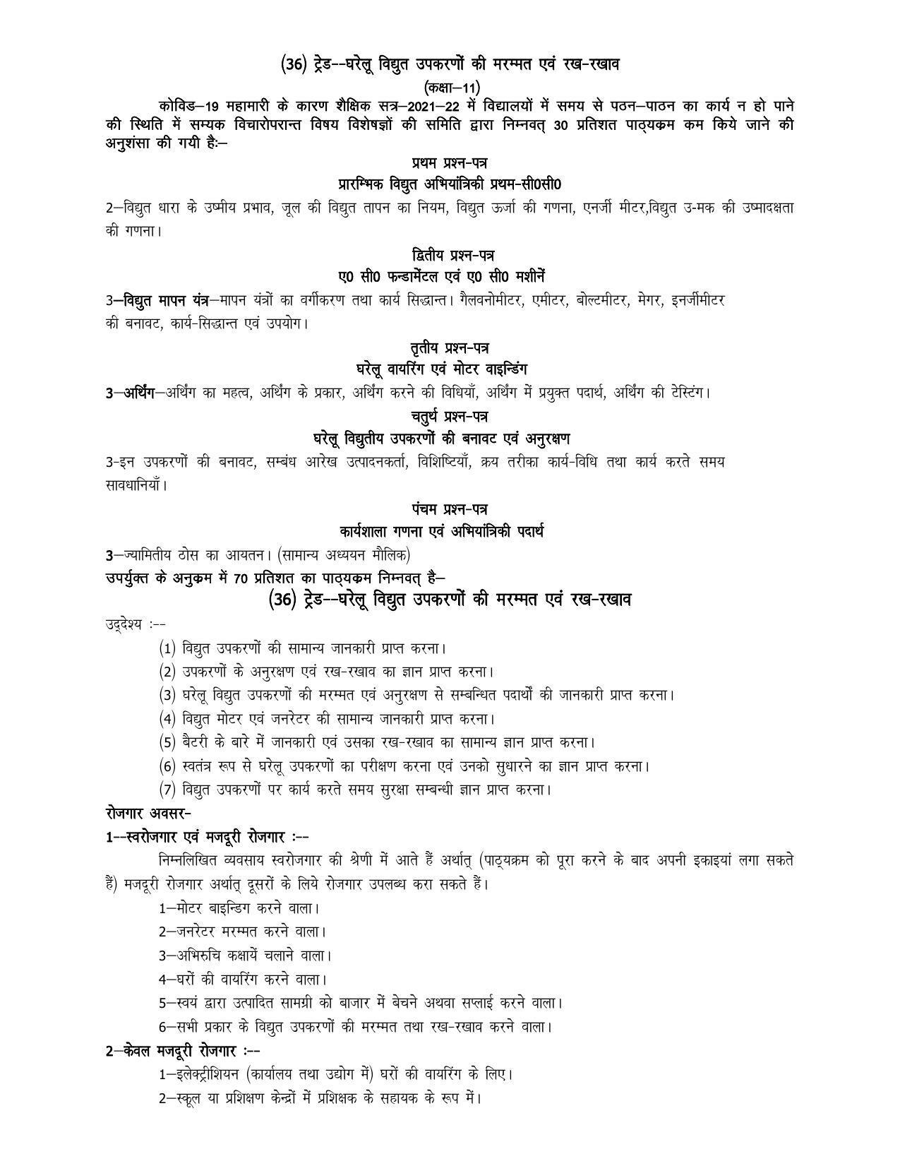 UP Board 11th Syllabus Trade 36 Domestic Electric Appliances & Repairing - Page 1