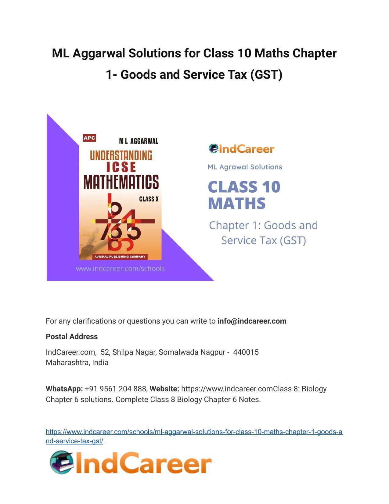 ML Aggarwal Solutions for Class 10 Maths Chapter 1- Goods and Service Tax (GST) - Page 1
