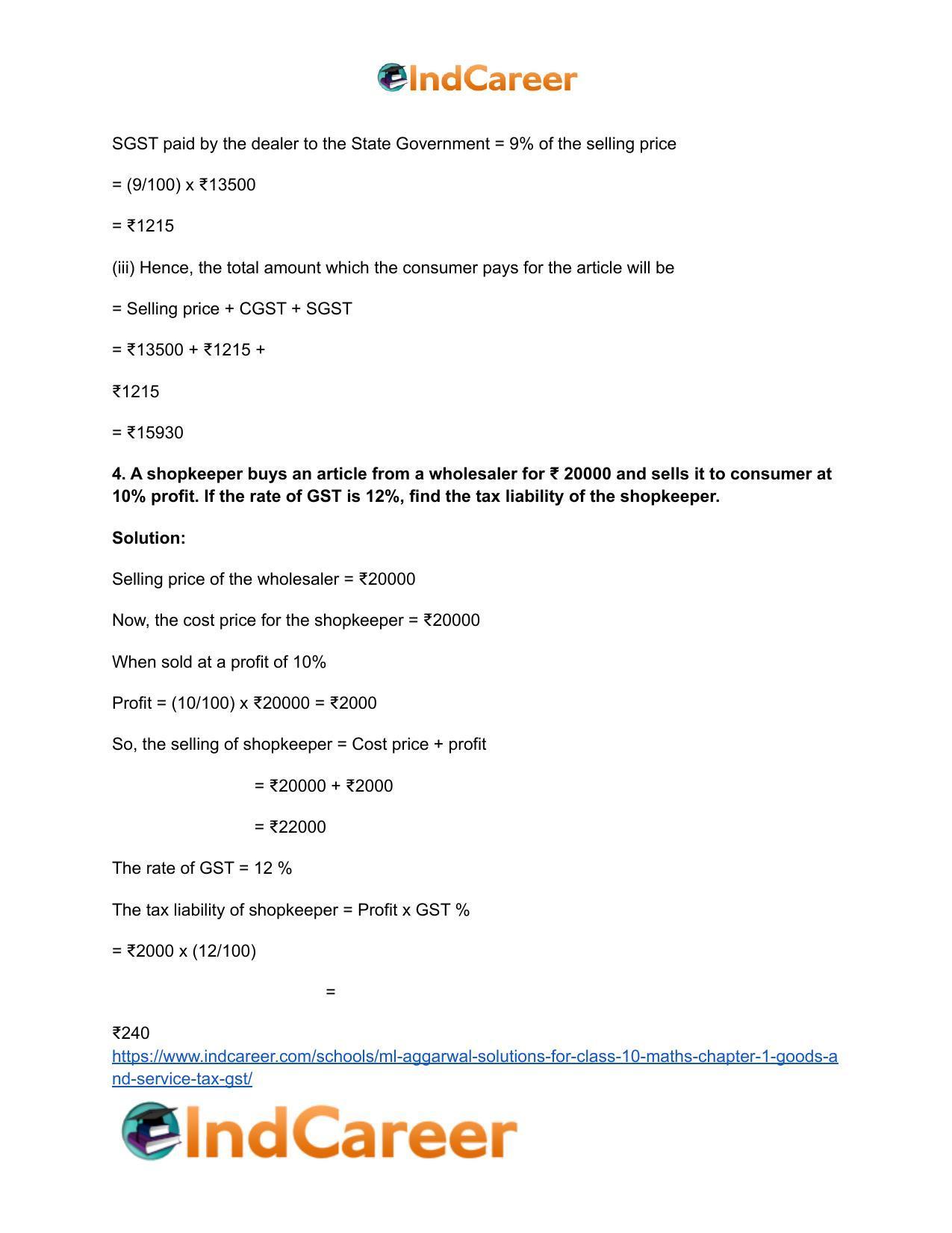 ML Aggarwal Solutions for Class 10 Maths Chapter 1- Goods and Service Tax (GST) - Page 5