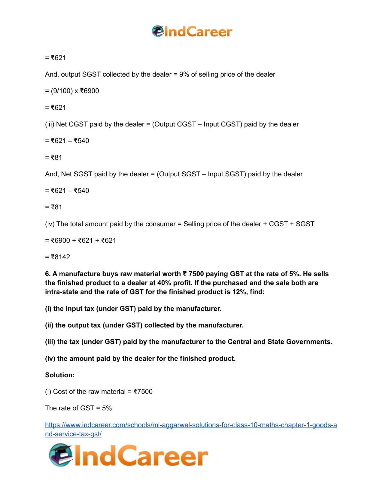 ML Aggarwal Solutions for Class 10 Maths Chapter 1- Goods and Service Tax (GST) - Page 7