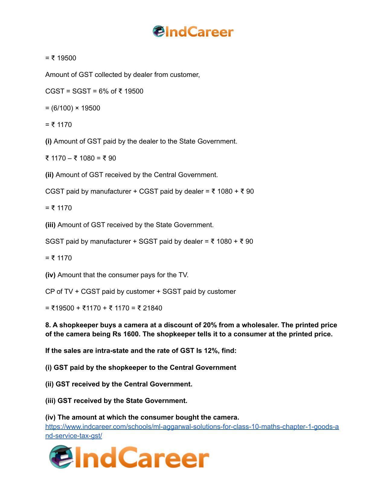 ML Aggarwal Solutions for Class 10 Maths Chapter 1- Goods and Service Tax (GST) - Page 10