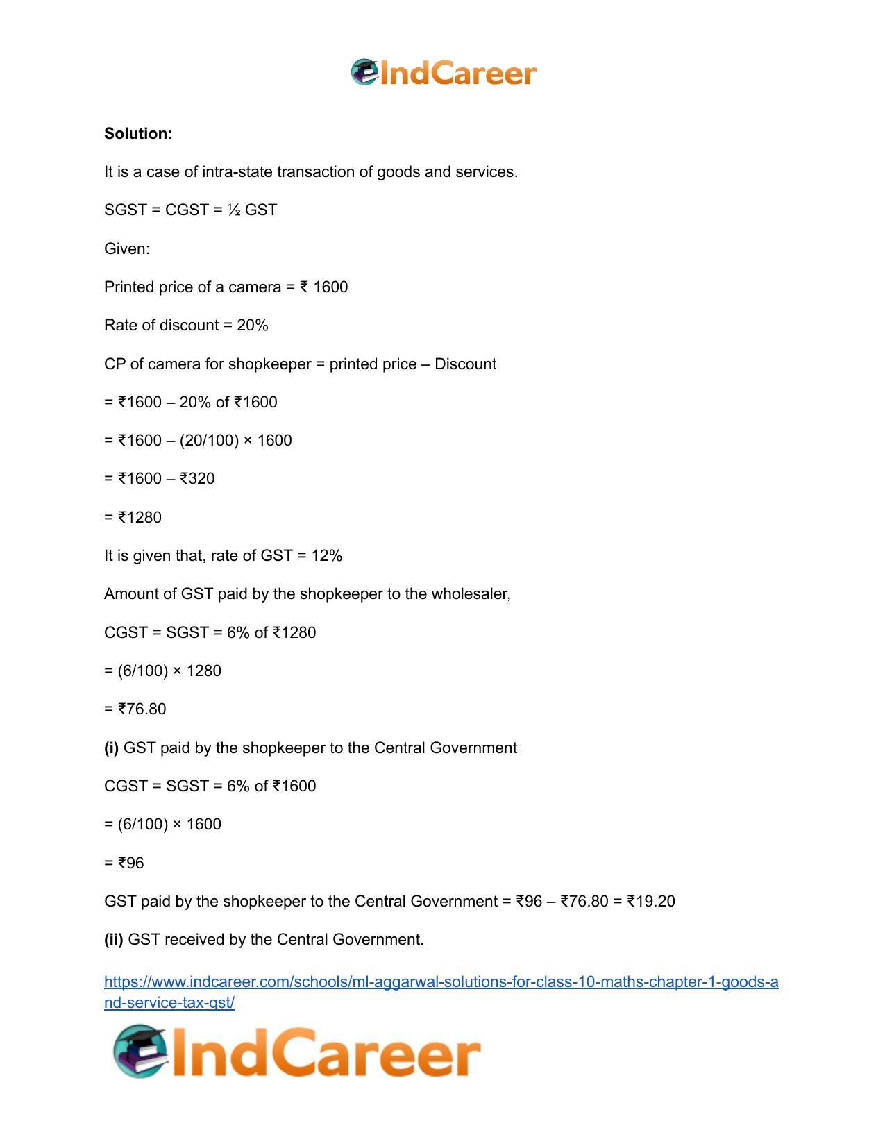 ML Aggarwal Solutions for Class 10 Maths Chapter 1- Goods and Service Tax (GST) - Page 11