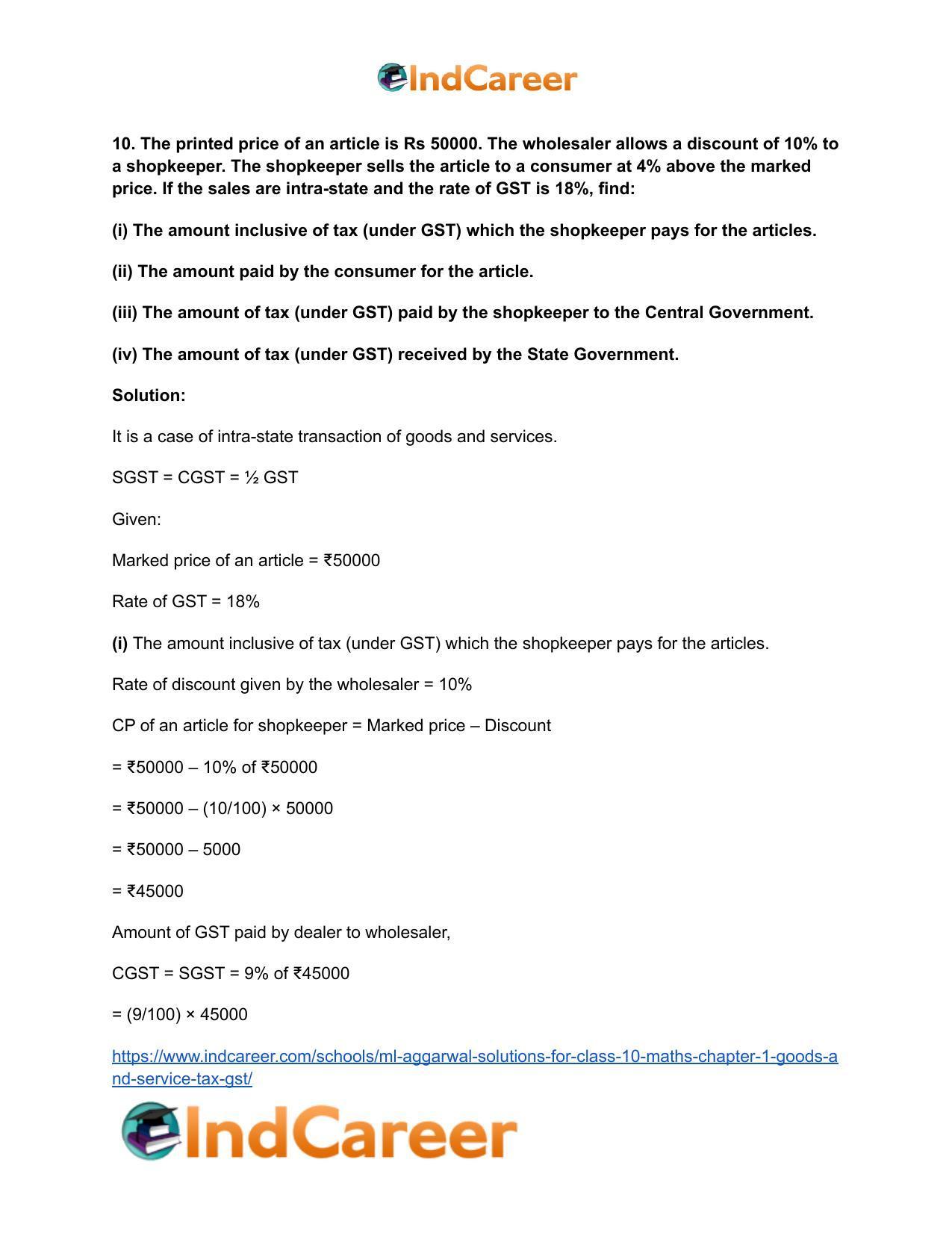 ML Aggarwal Solutions for Class 10 Maths Chapter 1- Goods and Service Tax (GST) - Page 14