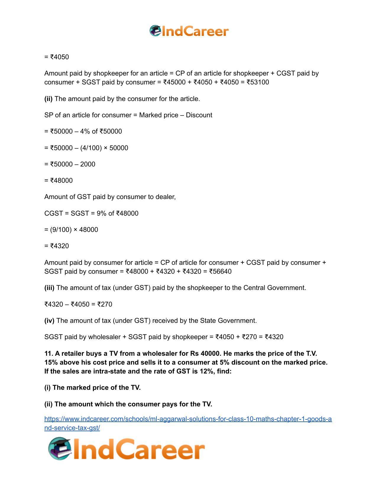 ML Aggarwal Solutions for Class 10 Maths Chapter 1- Goods and Service Tax (GST) - Page 15