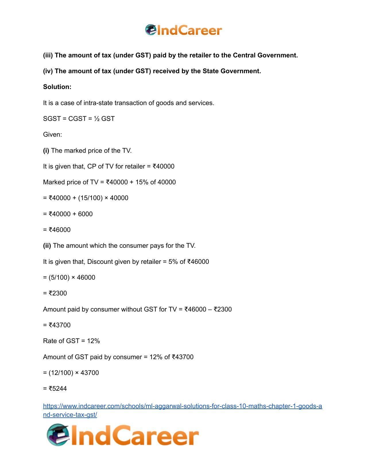 ML Aggarwal Solutions for Class 10 Maths Chapter 1- Goods and Service Tax (GST) - Page 16
