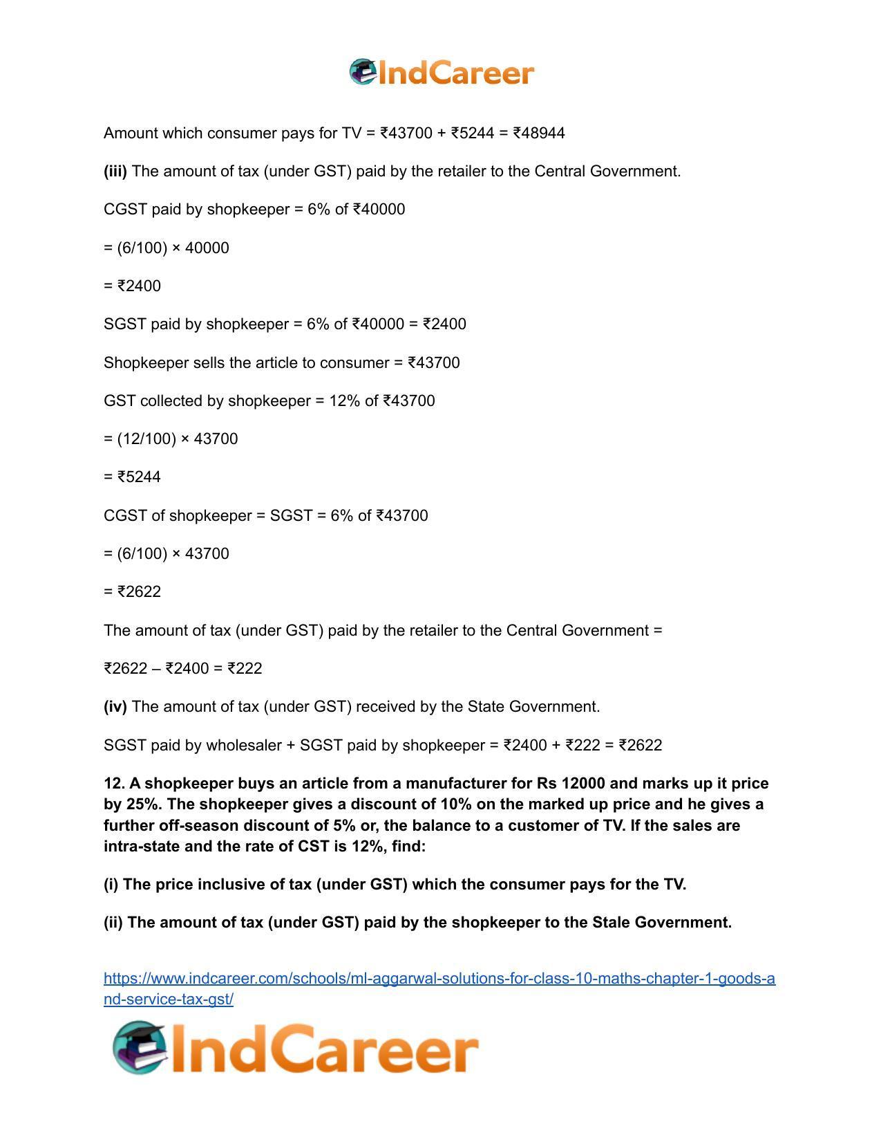 ML Aggarwal Solutions for Class 10 Maths Chapter 1- Goods and Service Tax (GST) - Page 17