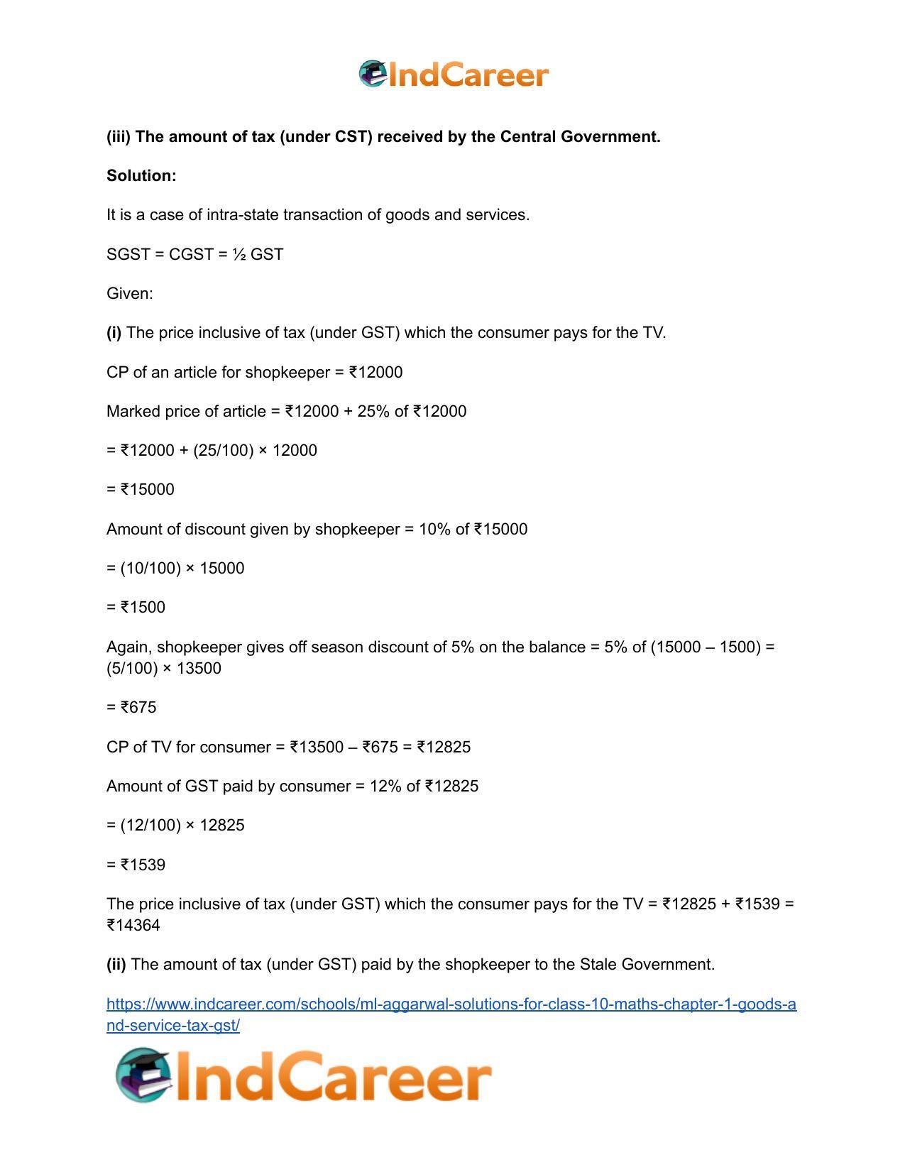 ML Aggarwal Solutions for Class 10 Maths Chapter 1- Goods and Service Tax (GST) - Page 18