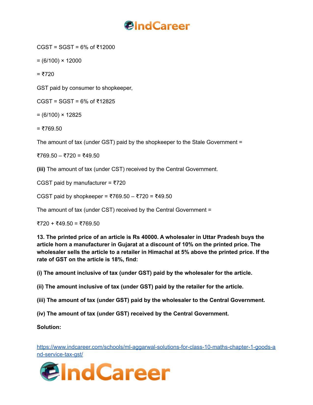 ML Aggarwal Solutions for Class 10 Maths Chapter 1- Goods and Service Tax (GST) - Page 19