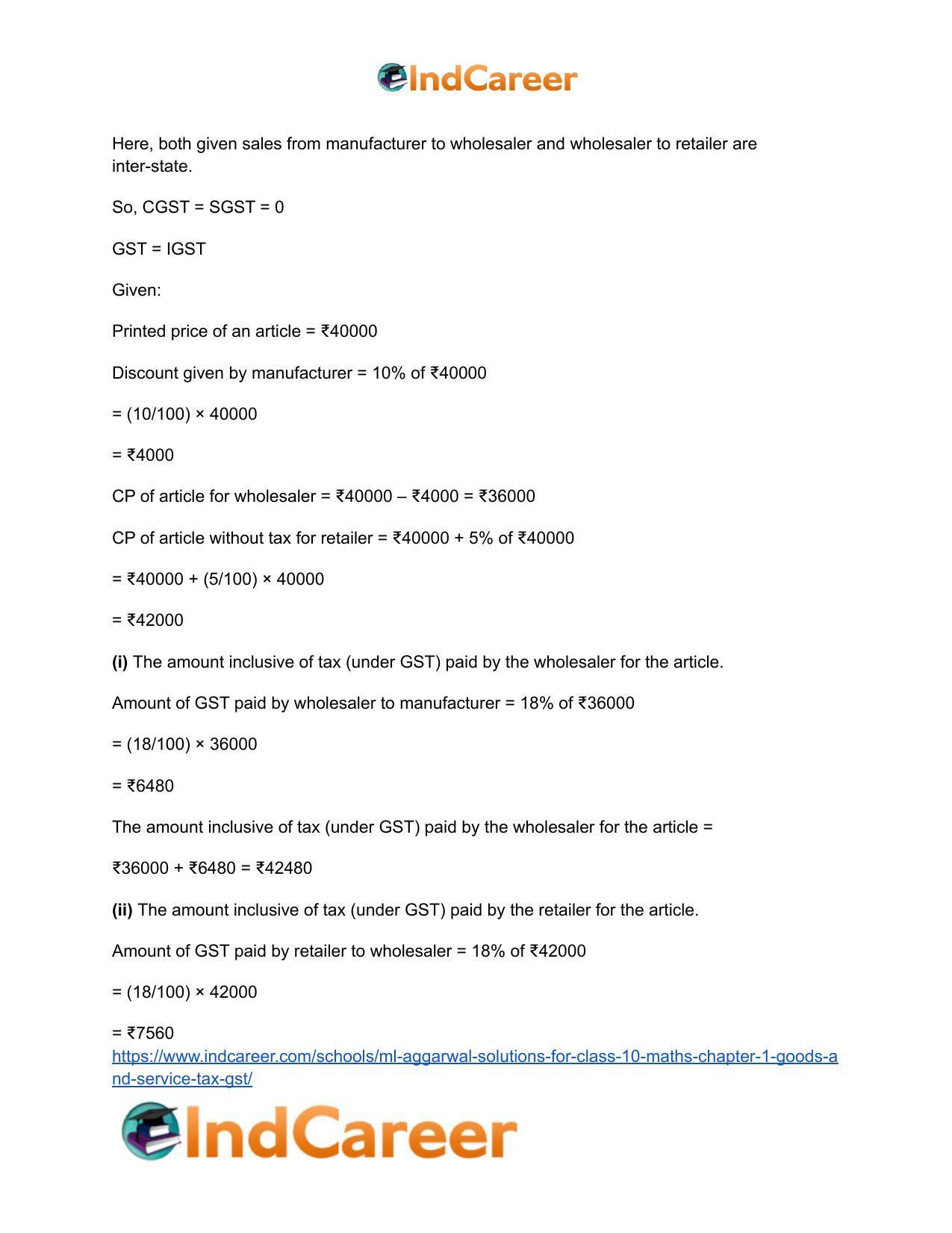 ML Aggarwal Solutions for Class 10 Maths Chapter 1- Goods and Service Tax (GST) - Page 20