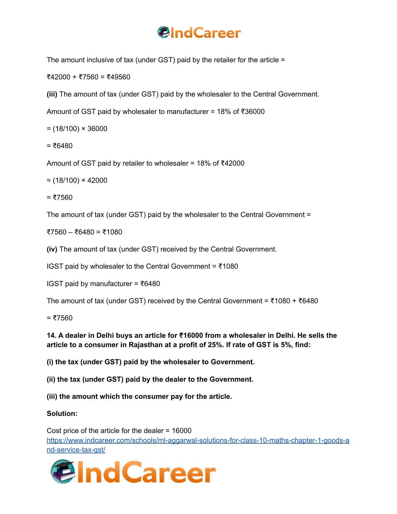 ML Aggarwal Solutions for Class 10 Maths Chapter 1- Goods and Service Tax (GST) - Page 21