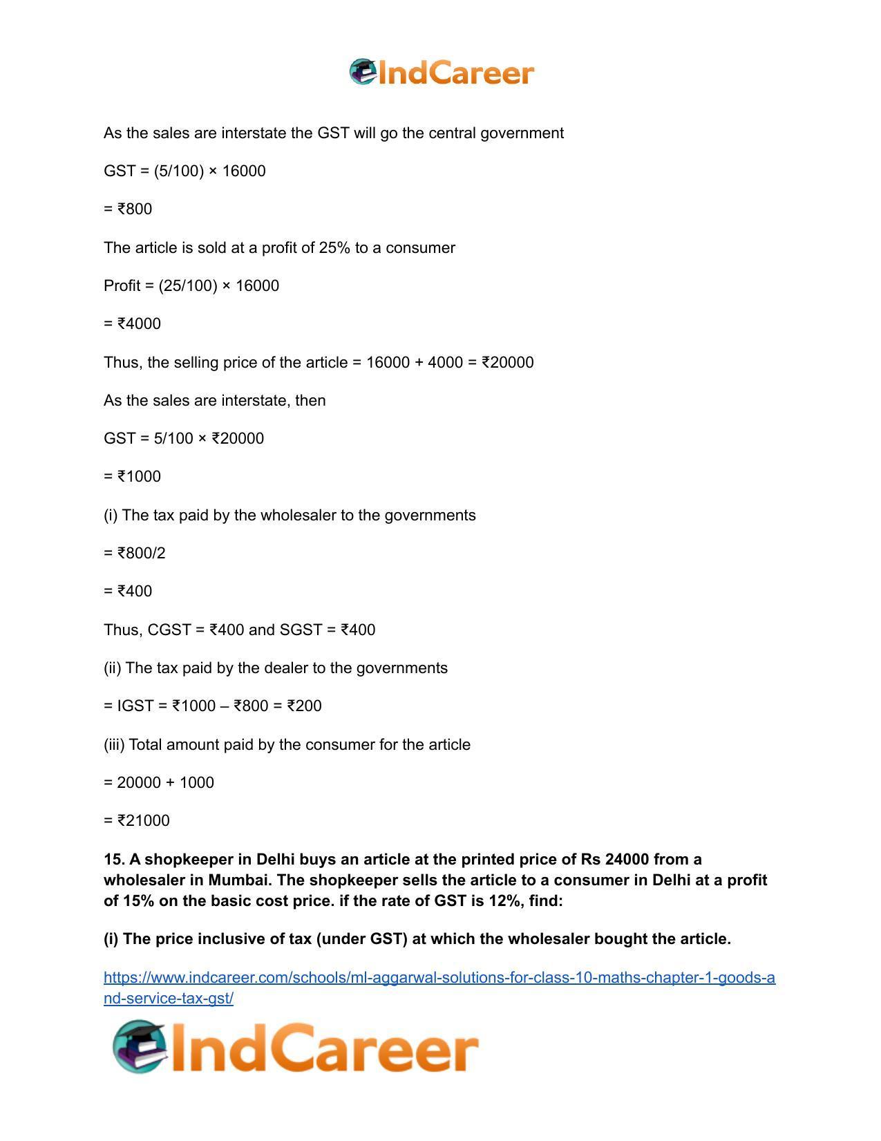 ML Aggarwal Solutions for Class 10 Maths Chapter 1- Goods and Service Tax (GST) - Page 22