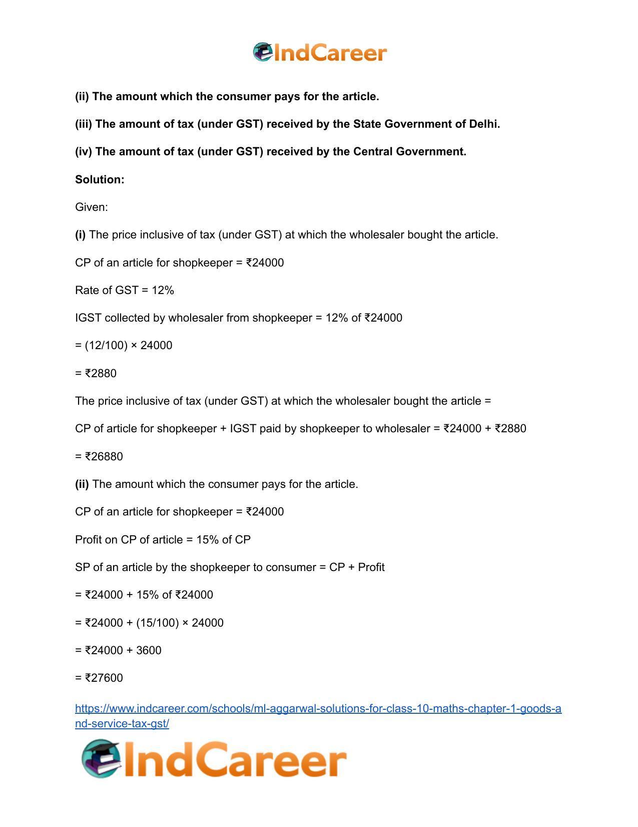 ML Aggarwal Solutions for Class 10 Maths Chapter 1- Goods and Service Tax (GST) - Page 23