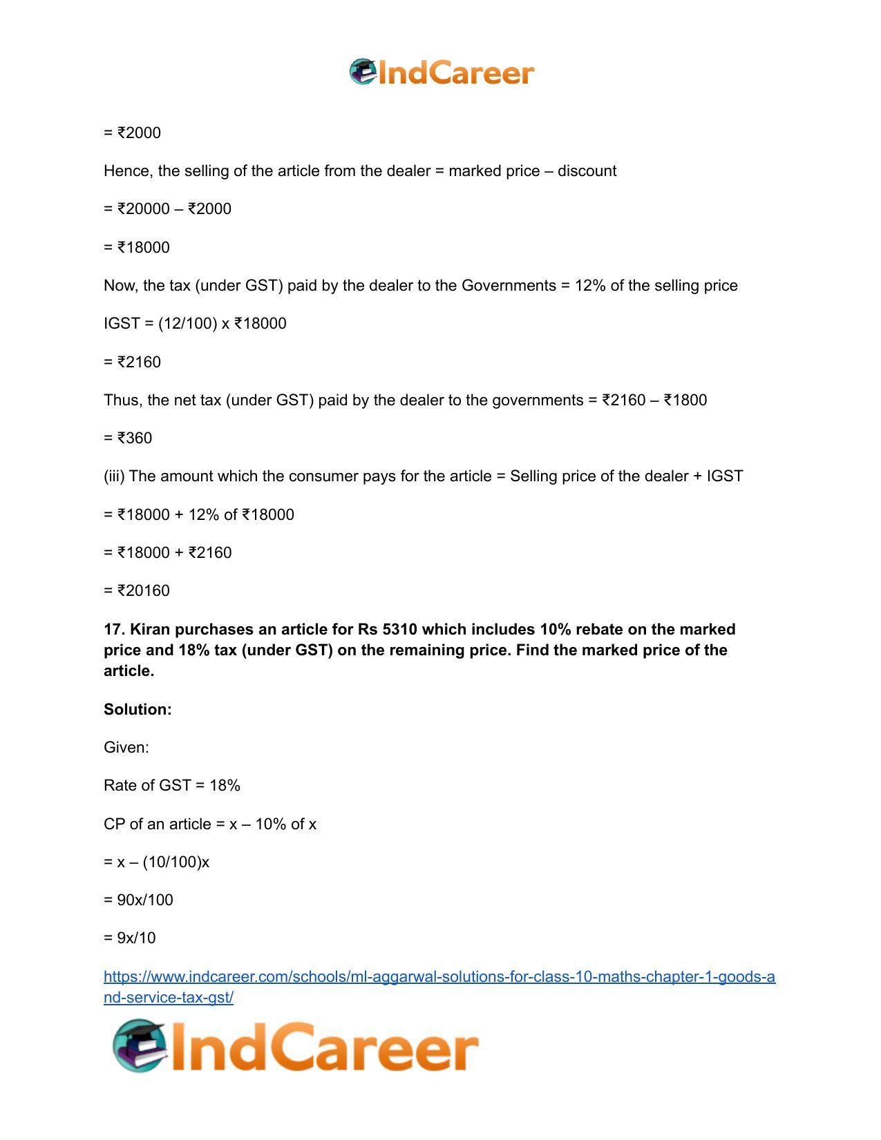ML Aggarwal Solutions for Class 10 Maths Chapter 1- Goods and Service Tax (GST) - Page 26