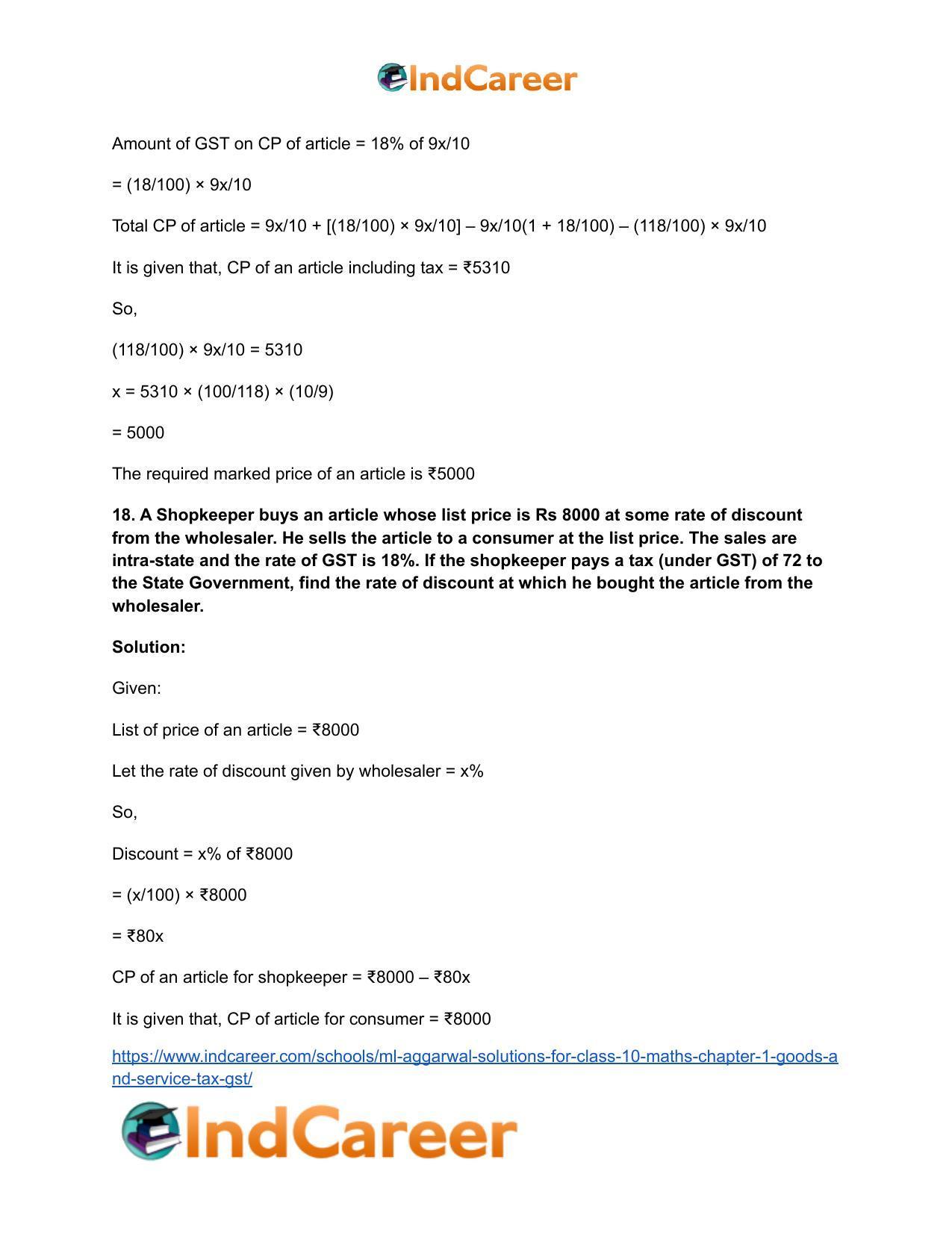 ML Aggarwal Solutions for Class 10 Maths Chapter 1- Goods and Service Tax (GST) - Page 27