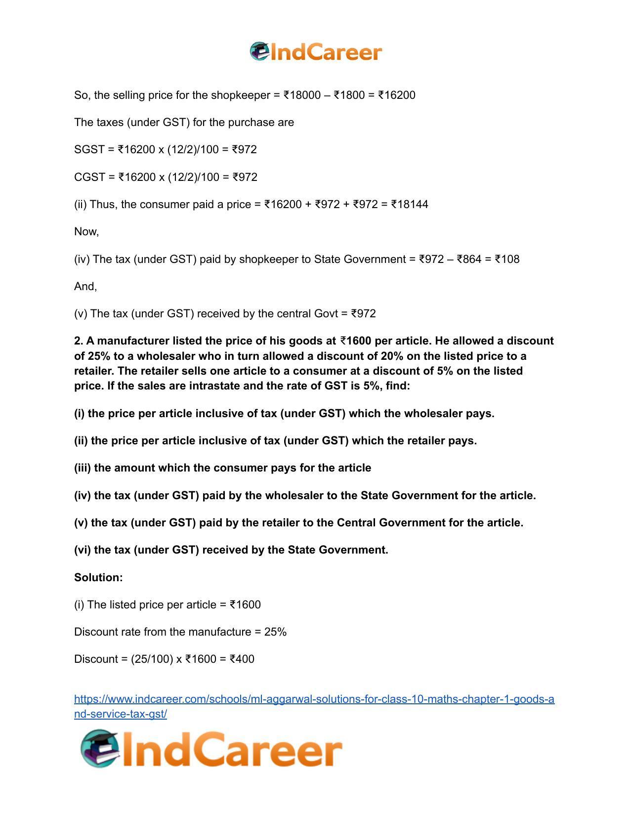 ML Aggarwal Solutions for Class 10 Maths Chapter 1- Goods and Service Tax (GST) - Page 30