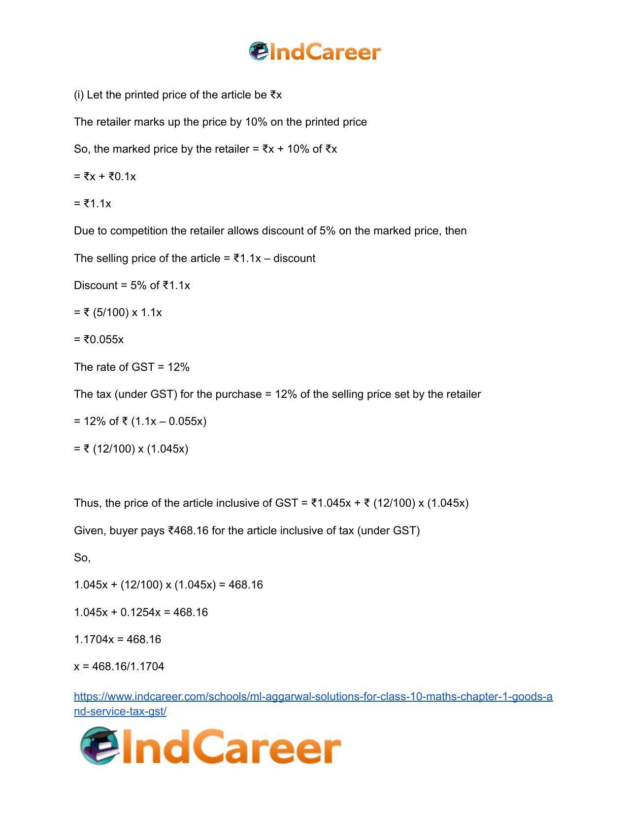 ML Aggarwal Solutions for Class 10 Maths Chapter 1- Goods and Service Tax (GST) - Page 36