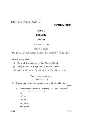 Meghalaya Board (MBOSE) Class 12 GEOLOGY  (HS-XII-Sc-Gl-21) 2021 Question Paper