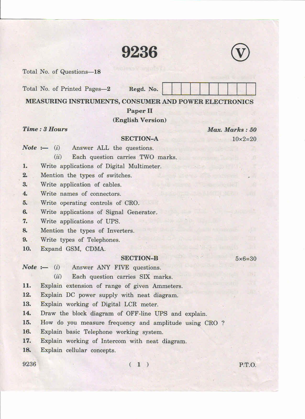 AP Inter 2nd Year Measuring Instruments, Consumer and Power Electronics-II March-2019-Vocational Question Paper - Page 1