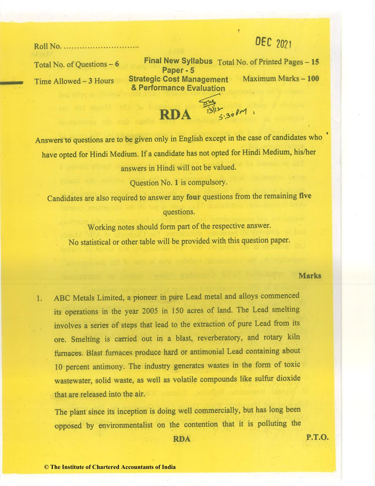 CA Final Dec 2021 Question Paper - Paper 5 – Strategic Cost Management and Performance Evaluation - Page 1