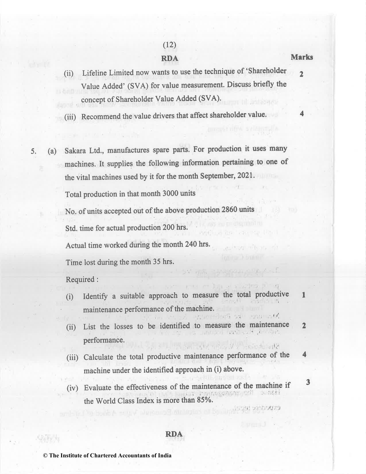 CA Final Dec 2021 Question Paper - Paper 5 – Strategic Cost Management and Performance Evaluation - Page 12