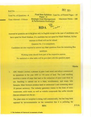 CA Final Dec 2021 Question Paper - Paper 5 – Strategic Cost Management and Performance Evaluation