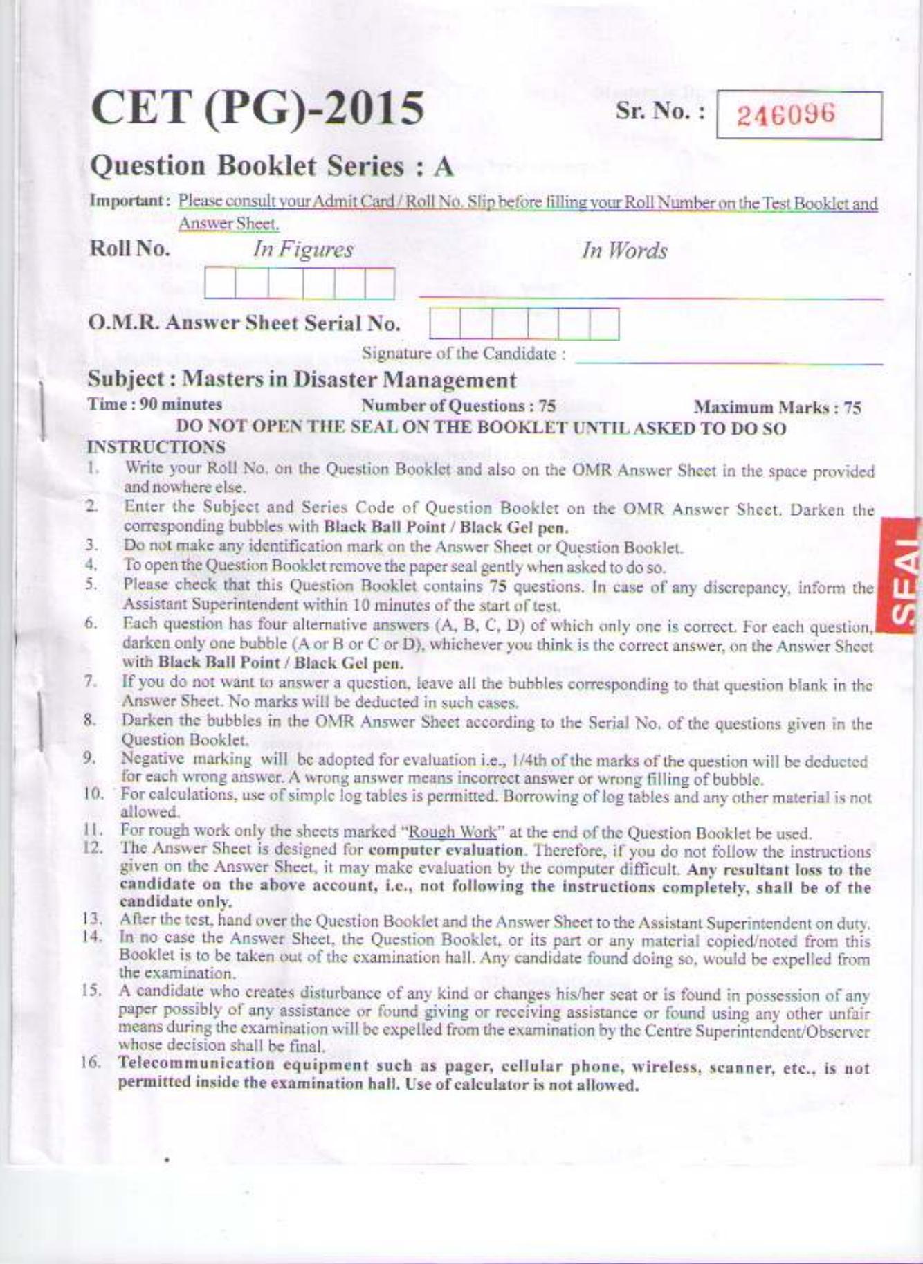 PU CET PG 2015: Masters in Disaster Management Question Paper - Page 1