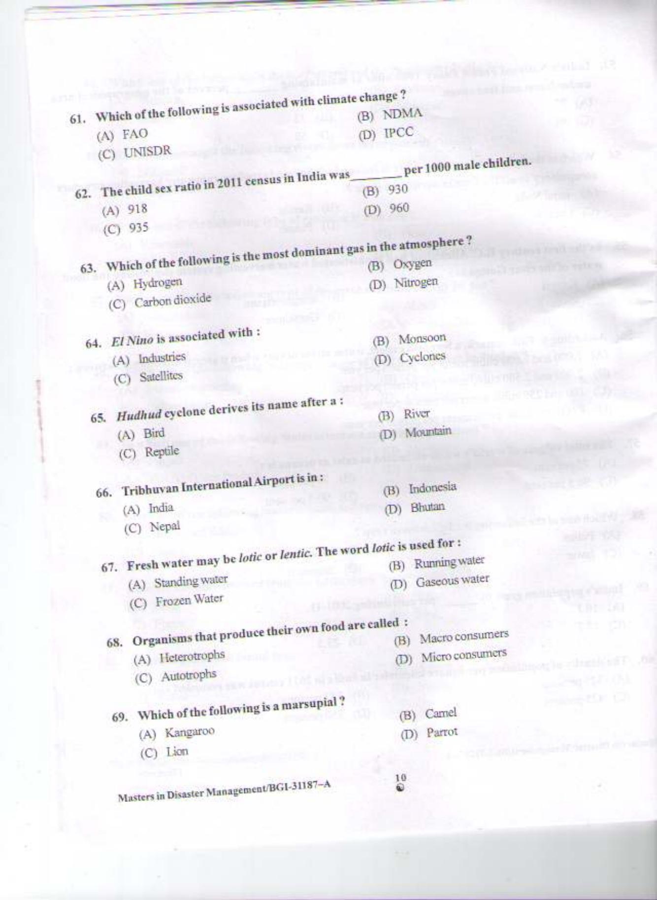 PU CET PG 2015: Masters in Disaster Management Question Paper - Page 9