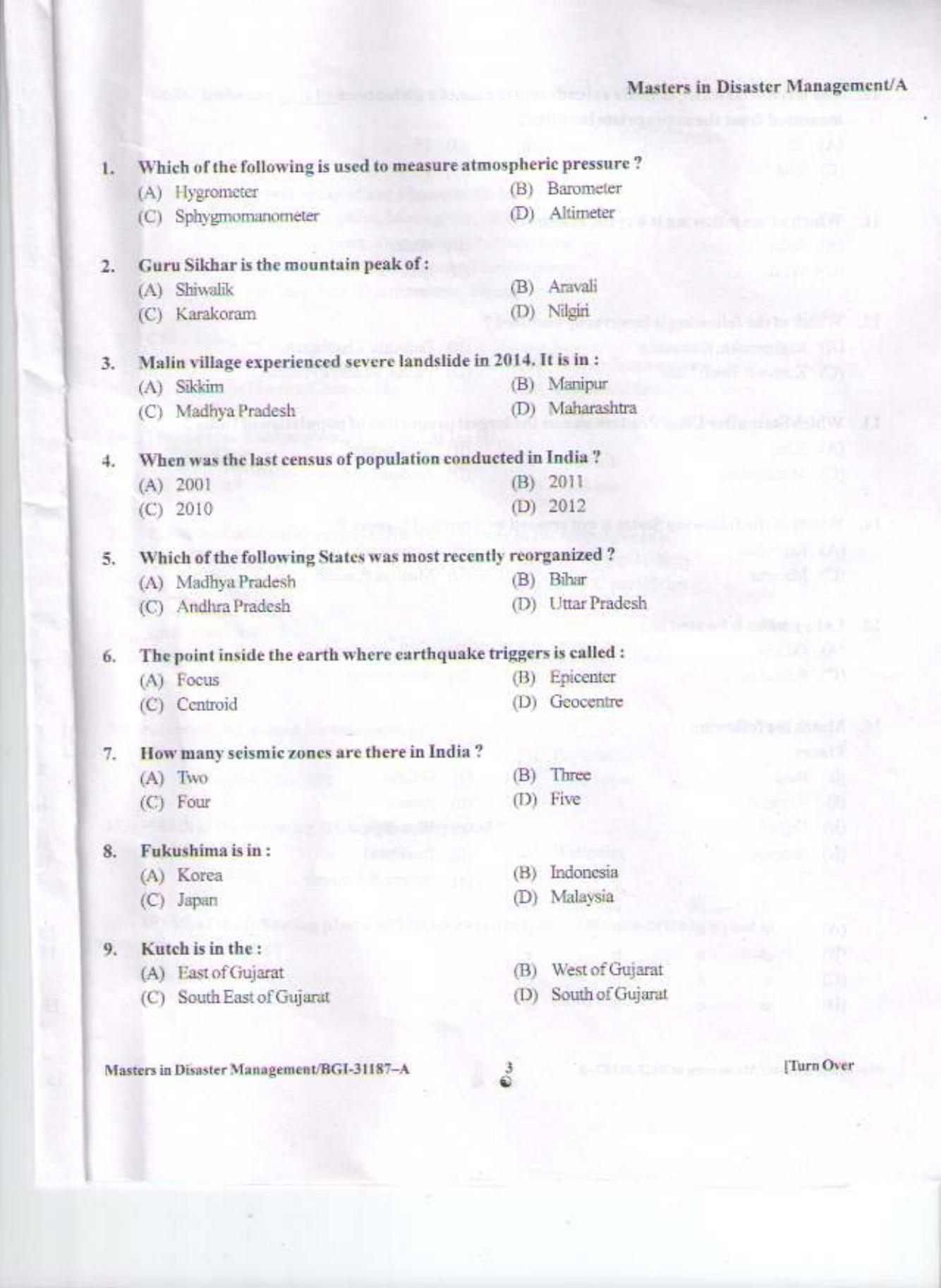 PU CET PG 2015: Masters in Disaster Management Question Paper - Page 12